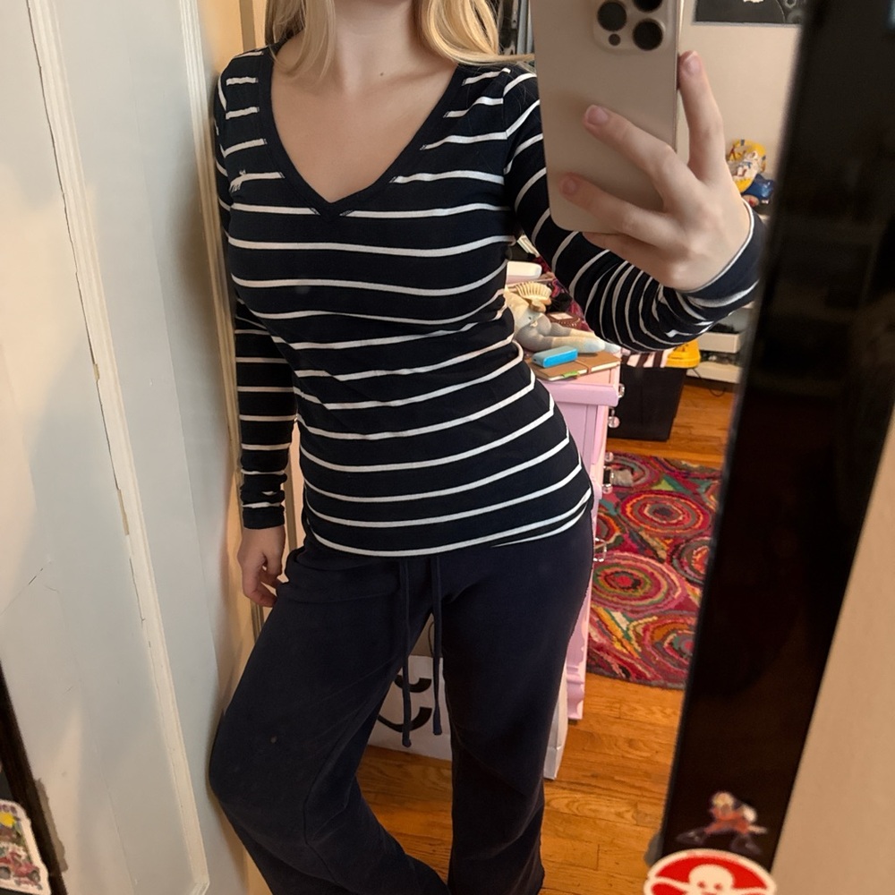 Abercrombie & Fitch Navy and White Striped Long Sleeve Top